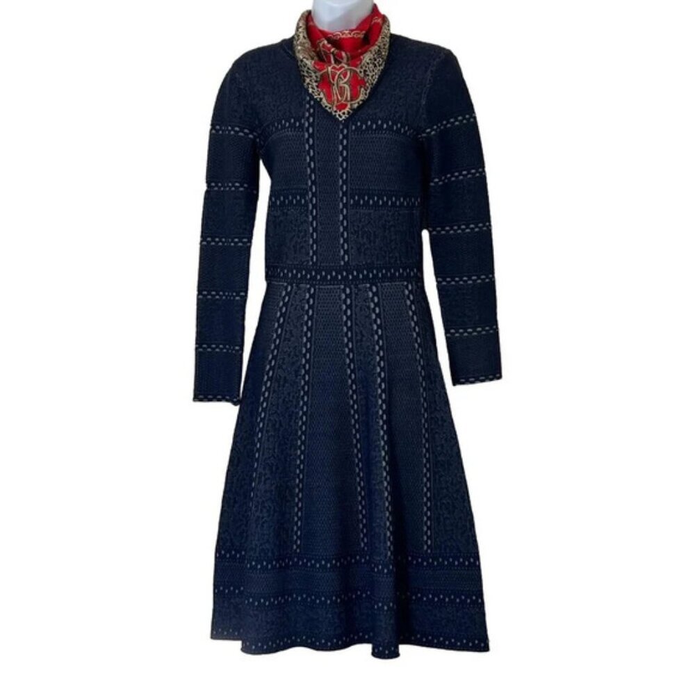 Womens Elegant A Line Midi Long Sleeve Flared Navy Blue Chic Dress Medium